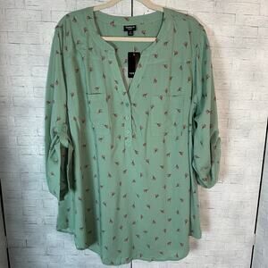 Torrid blouse pullover V-neck roll tap sleeve mint green pink flower plus size